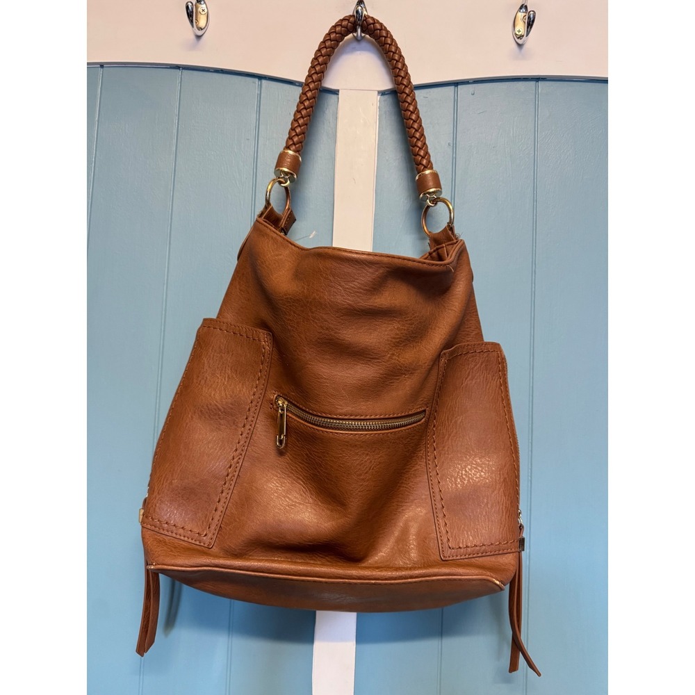 Miztique Cognac Brown Vegan Leather Hobo Bag Braided Strap